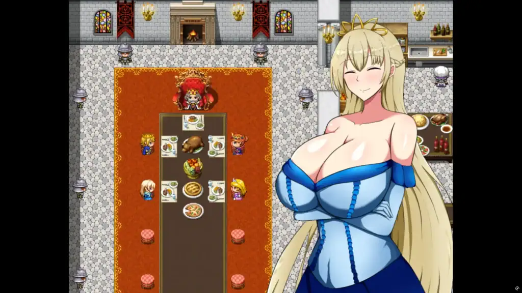 ぽんこつ王女ユステティ RPG 遊戲村莊內的宴席場景，角色享受豐盛料理｜廢柴公主荒村開拓記 吃飽睡飽享受生活畫面｜废柴公主荒村开拓记 饱食与享乐的生活片段