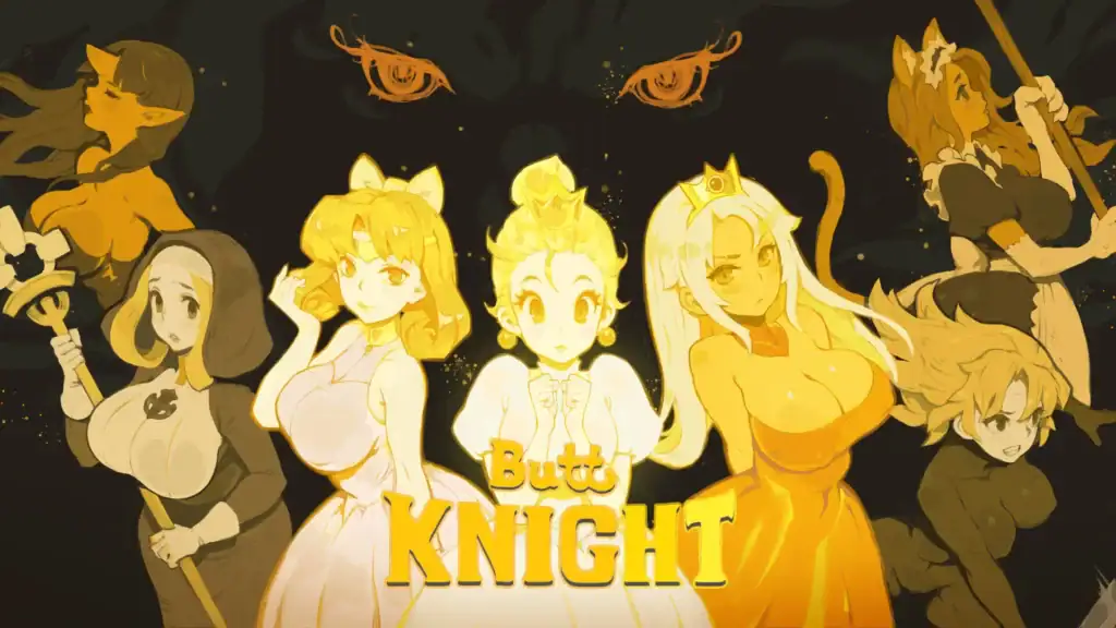 封面圖|三位公主與女角站立於黑暗背景前,中央顯示 ButtKnight 標題畫面|封面圖|三位公主與女角站立於黑暗背景前,中央顯示 ButtKnight 標題畫面