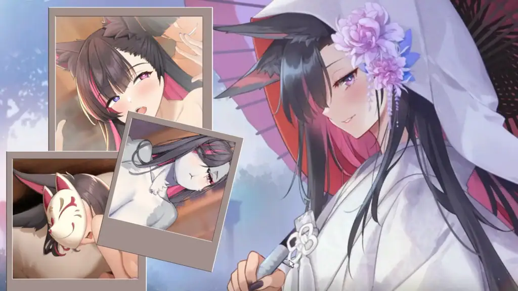 妖狐的深夜直播 黑髮狐耳巫女持傘微笑 旁邊展示多張魅惑互動CG畫面｜妖狐的深夜直播 黑发狐耳巫女持伞微笑 旁边展示多张魅惑互动CG画面｜妖狐の深夜ライブ配信 黒髪狐耳の巫女が傘を持って微笑む 複数の魅惑的なCGシーンが並ぶ｜Midnight Fox Spirit Stream black-haired fox-eared shrine maiden holding umbrella smiling with multiple seductive CG scenes