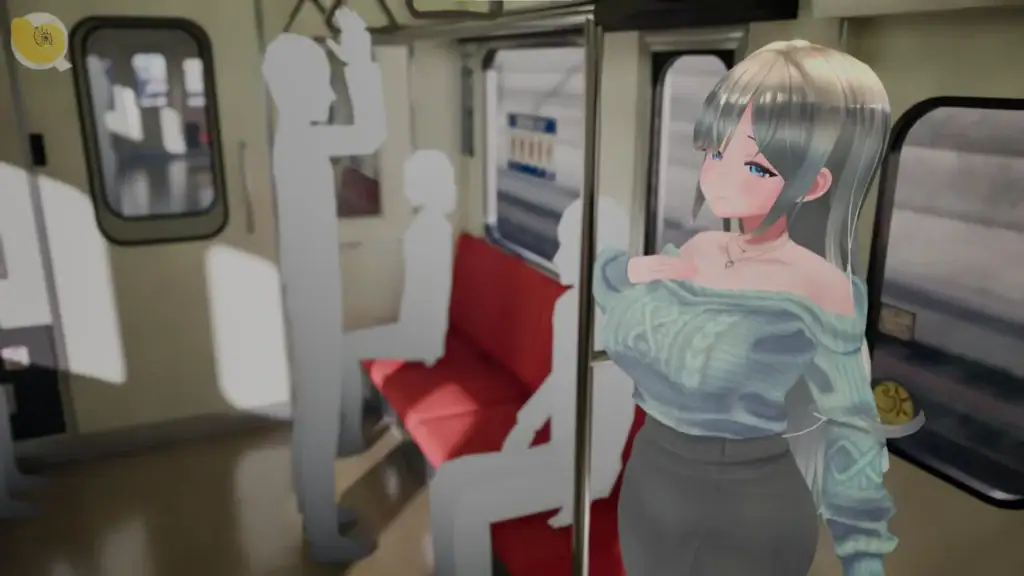 銀髮女角桜庭アヤメ站在電車內，雙手捧胸展現爆乳姿態｜银发女角桜庭アヤメ站在电车内，双手捧胸展现爆乳姿态｜銀髪の桜庭アヤメが電車内で胸を強調するポーズをとっている