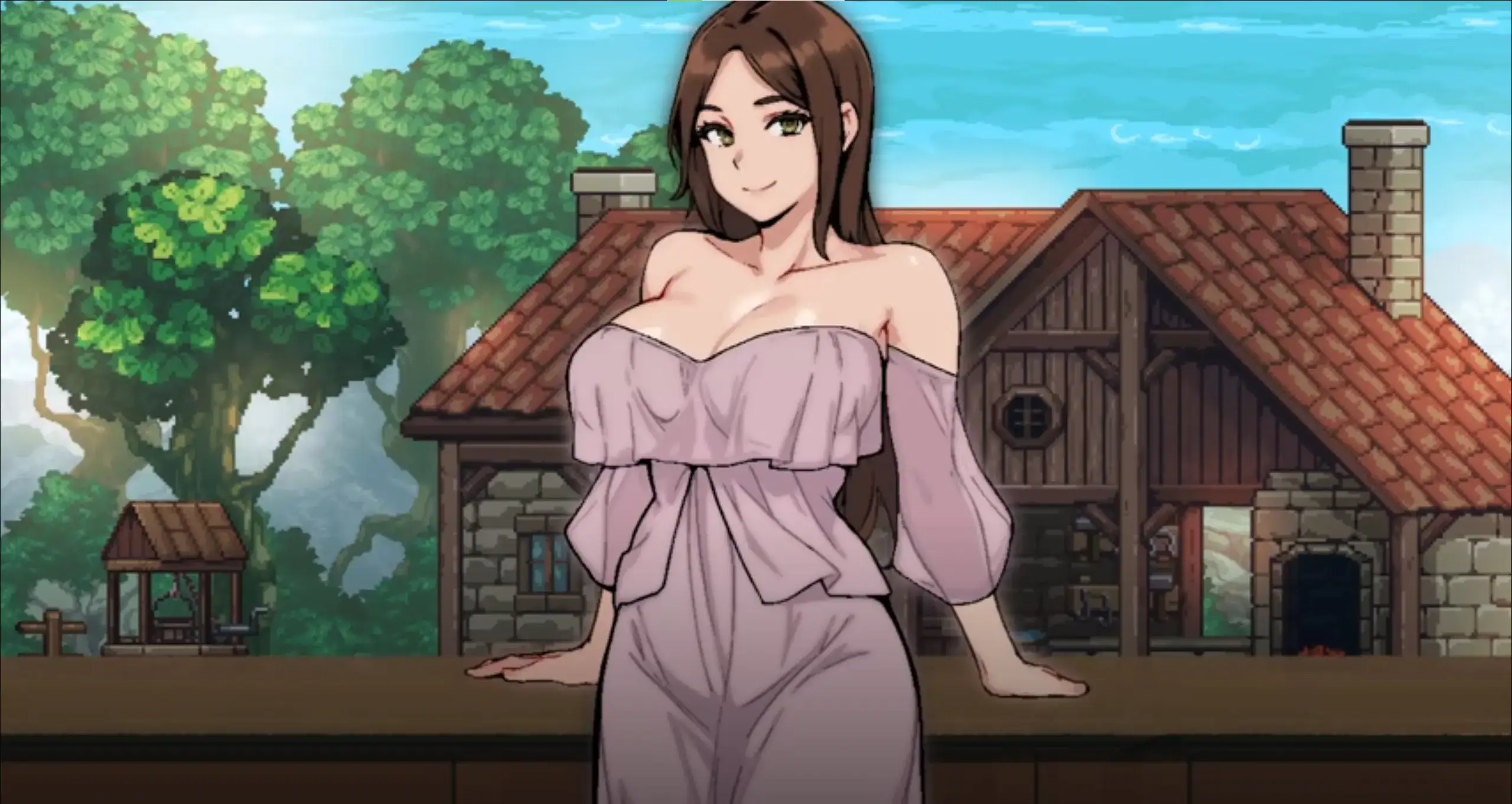 女主角站在店鋪前方背景為木造房屋 Shop Mistress NTR 遊戲主視覺｜女主角佇立於商店門口 Shop Mistress NTR 主視覺圖片｜店の前に立つ女性キャラ Shop Mistress NTR メインビジュアル