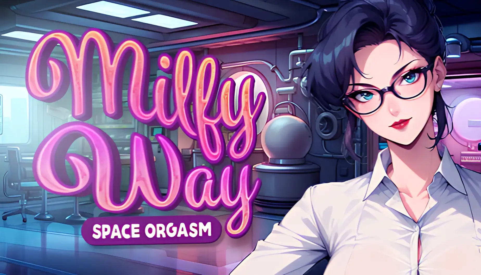 這張圖為《Milfy Way: Space Orgasm》的主視覺圖,畫面左方為遊戲標誌性的粉紫色 LOGO,右方為一位身穿白襯衫、戴眼鏡的性感女角,背景呈現科幻實驗室風格,是遊戲在平台上的代表形象,常用於封面或宣傳|這张图是《Milfy Way: Space Orgasm》的主视觉图,画面左方为游戏标志性的粉紫色 LOGO,右方为一位身穿白衬衫、戴眼镜的性感女角色,背景呈现科幻实验室风格,是游戏在平台上的代表形象,常用于封面或宣传|こちらは『Milfy Way: Space Orgasm』のメインビジュアルで、左側にロゴ、右側に白シャツを着た眼鏡のセクシー女性キャラが配置されている。背景はSF風の研究施設で、主にカバー画像やプロモーションに使われる。