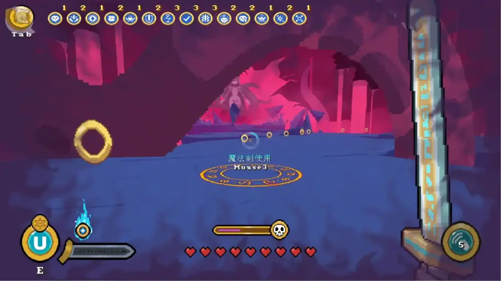 Nakara 最終BOSS前半段戰鬥場景，角色在紫紅色洞窟地圖中迎戰惡魔關卡｜Nakara 最终BOSS前半段战斗场景，角色在紫红色洞窟地图中迎战恶魔关卡｜Nakara 最終ボス前半戦、紫紅色の洞窟ステージで悪魔との戦闘が始まる場面｜Nakara final boss first phase battle in a purple cave stage against a demon enemy