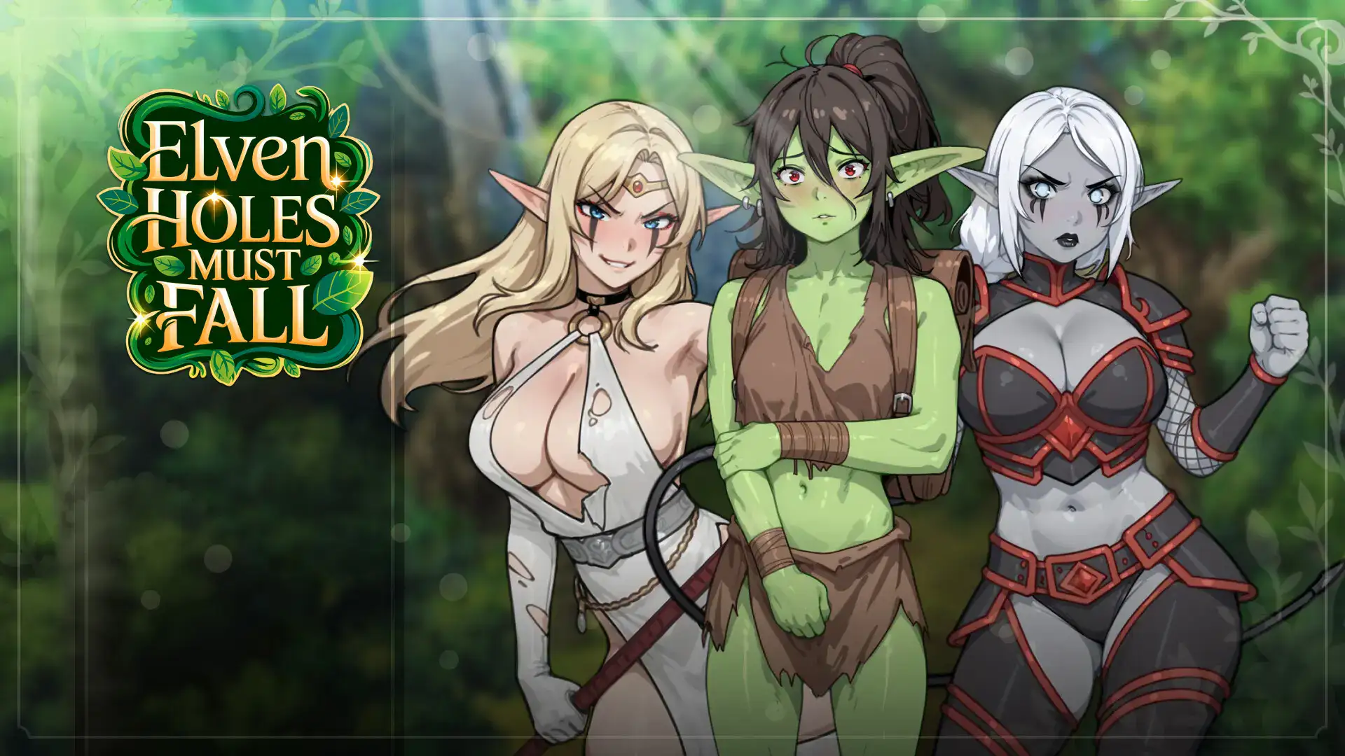 Elven Holes Must Fall 主視覺圖，三位女角並列：金髮巨乳精靈、綠膚獸人少女、銀髮暗黑精靈｜Elven Holes Must Fall 主视觉图，三位女角并列：金发巨乳精灵、绿肤兽人少女、银发暗黑精灵｜Elven Holes Must Fall メインビジュアル、金髪エルフ、緑肌のオーク少女、銀髪のダークエルフが並ぶ