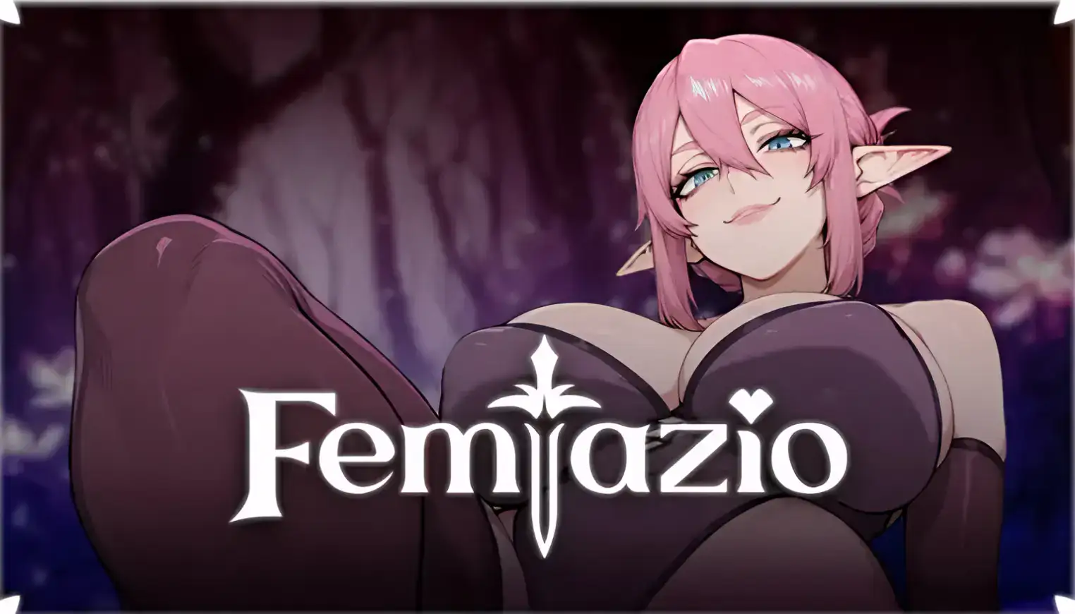 《Femtazio》主視覺圖，精靈女主 Lisina 高傲微笑特寫，身穿深色緊身服裝，鏡頭低角度仰視 ｜ 《Femtazio》主视觉图，精灵女主 Lisina 高傲微笑特写，身穿深色紧身服装，镜头低角度仰视 ｜ 『Femtazio』メインビジュアル、エルフのヒロイン・リシナが微笑みを浮かべ、ダークな衣装を着て下からのアングルで描かれる
