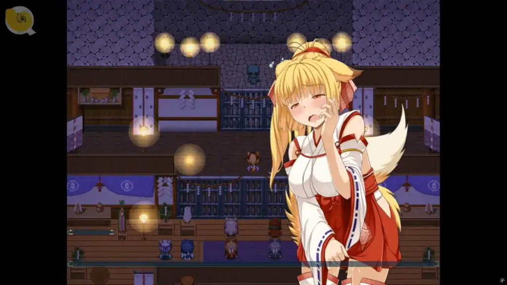 花葬巫女サクヤ 遊戲內互動場景，主角巫女接受試煉儀式前的對話畫面｜花葬巫女サクヤ 游戏内互动场景，主角巫女在接受试炼仪式前的对话画面｜花葬巫女サクヤのゲームシーン、巫女が試練の儀式前に会話する場面｜In-game scene from Hanazou Miko Sakuya showing the shrine maiden Sakuya in a dialogue before the trial ritual