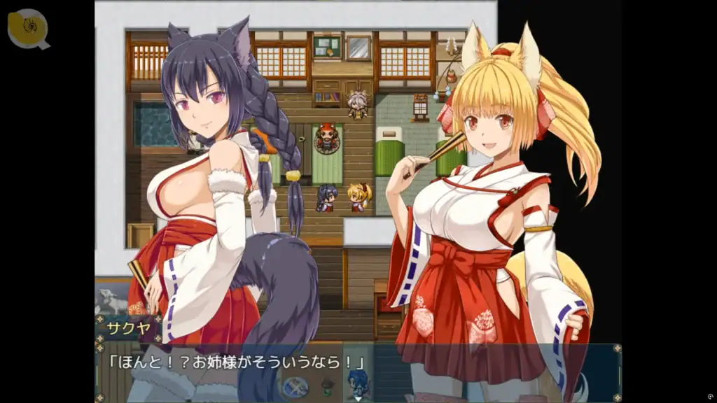 花葬巫女サクヤ 通過試煉後與同伴對話場景，展示狐耳巫女角色與戰鬥任務背景｜花葬巫女サクヤ 通过试炼后与同伴对话场景，展示狐耳巫女角色与战斗任务背景｜花葬巫女サクヤの試練を終えた後、仲間との会話シーン。狐耳巫女と任務の背景が描かれる｜Post-trial dialogue scene from Hanazou Miko Sakuya featuring fox-eared shrine maidens discussing their mission