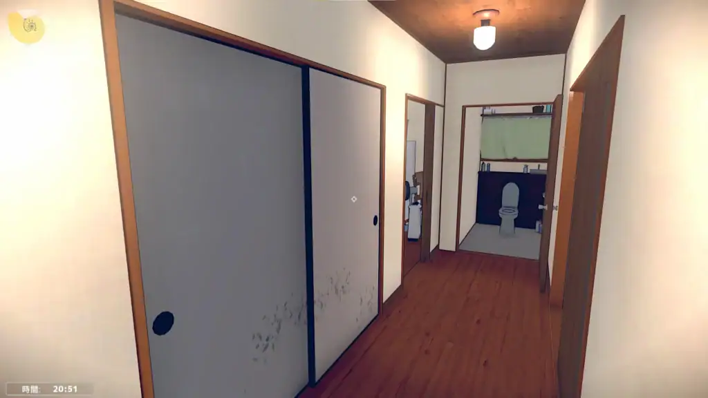 遊戲中的3D走廊場景，展現可自由探索的家庭環境｜游戏中的3D走廊场景，展现可自由探索的家庭环境｜ゲーム内の3D廊下シーン。自由に探索できる家庭環境を再現。