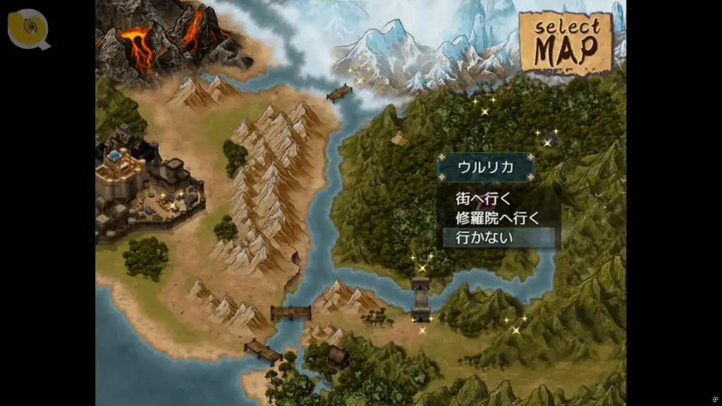 花葬巫女サクヤ 世界地圖畫面，展示多個可探索區域與地點名稱｜花葬巫女サクヤ 世界地图画面，展示多个可探索区域与地点名称｜花葬巫女サクヤのワールドマップ。多くのエリアと地名が表示されている。｜World map screen from Hanazou Miko Sakuya showing multiple areas and travel points