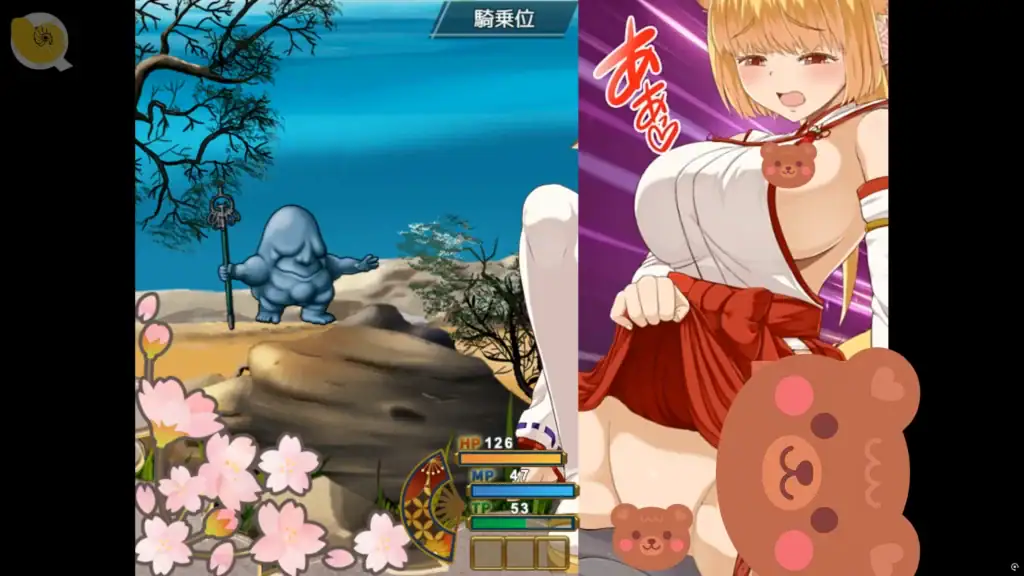 花葬巫女サクヤ 特殊戰鬥互動畫面，展示角色技能與對戰特效演出｜花葬巫女サクヤ 特殊战斗互动画面，展示角色技能与对战特效演出｜花葬巫女サクヤの特別なバトル演出。スキルとエフェクトが描かれている。｜Special combat interaction from Hanazou Miko Sakuya showing unique skill animation and visual effects