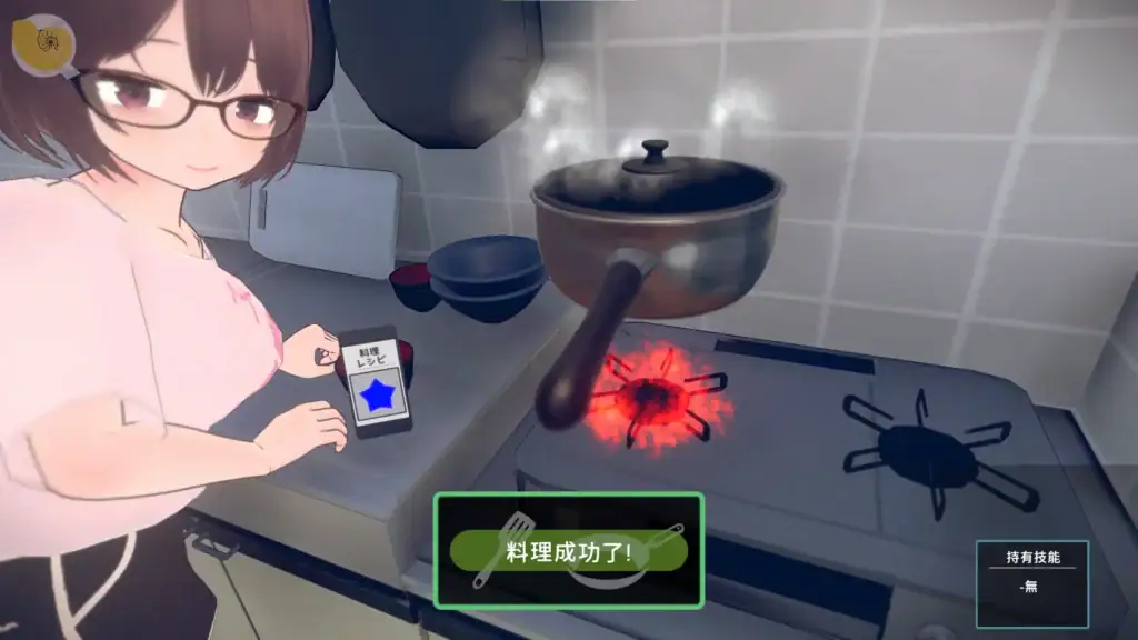 角色於廚房烹飪的生活模擬畫面，呈現居家氛圍｜角色于厨房烹饪的生活模拟画面，呈现居家氛围｜キッチンで料理をするキャラクターの生活シーン。