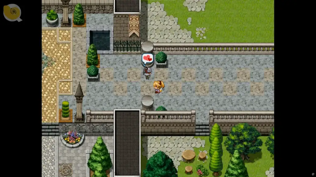 花葬巫女サクヤ 特殊事件觸發畫面，NPC與主角互動場景｜花葬巫女サクヤ 特殊事件触发画面，NPC与主角互动场景｜花葬巫女サクヤのイベント発生シーン。NPCとの交流が描かれている。｜Event trigger scene from Hanazou Miko Sakuya showing interaction with NPC