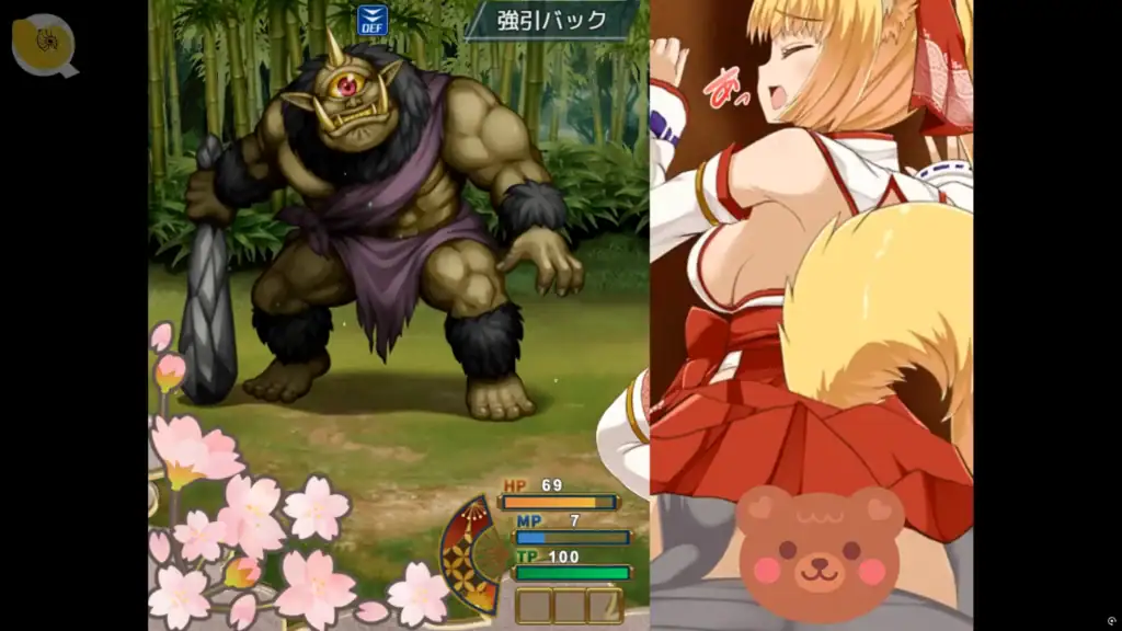 花葬巫女サクヤ 特殊戰鬥事件畫面，主角面對強敵的劇情演出｜花葬巫女サクヤ 特殊战斗事件画面，主角面对强敌的剧情演出｜花葬巫女サクヤのバトルイベント。主人公が強敵に追い詰められる場面。｜Battle event from Hanazou Miko Sakuya where the heroine faces an overpowering enemy encounter