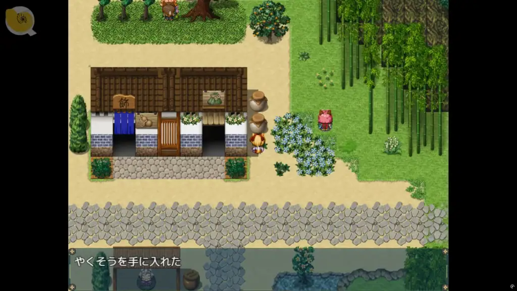 花葬巫女サクヤ 探索場景畫面，主角在地圖上收集閃光道具與寶物｜花葬巫女サクヤ 探索场景画面，主角在地图上收集闪光道具与宝物｜花葬巫女サクヤの探索シーン。主人公がマップ上で光るアイテムを拾う。｜Exploration scene from Hanazou Miko Sakuya showing the heroine collecting glowing items on the map