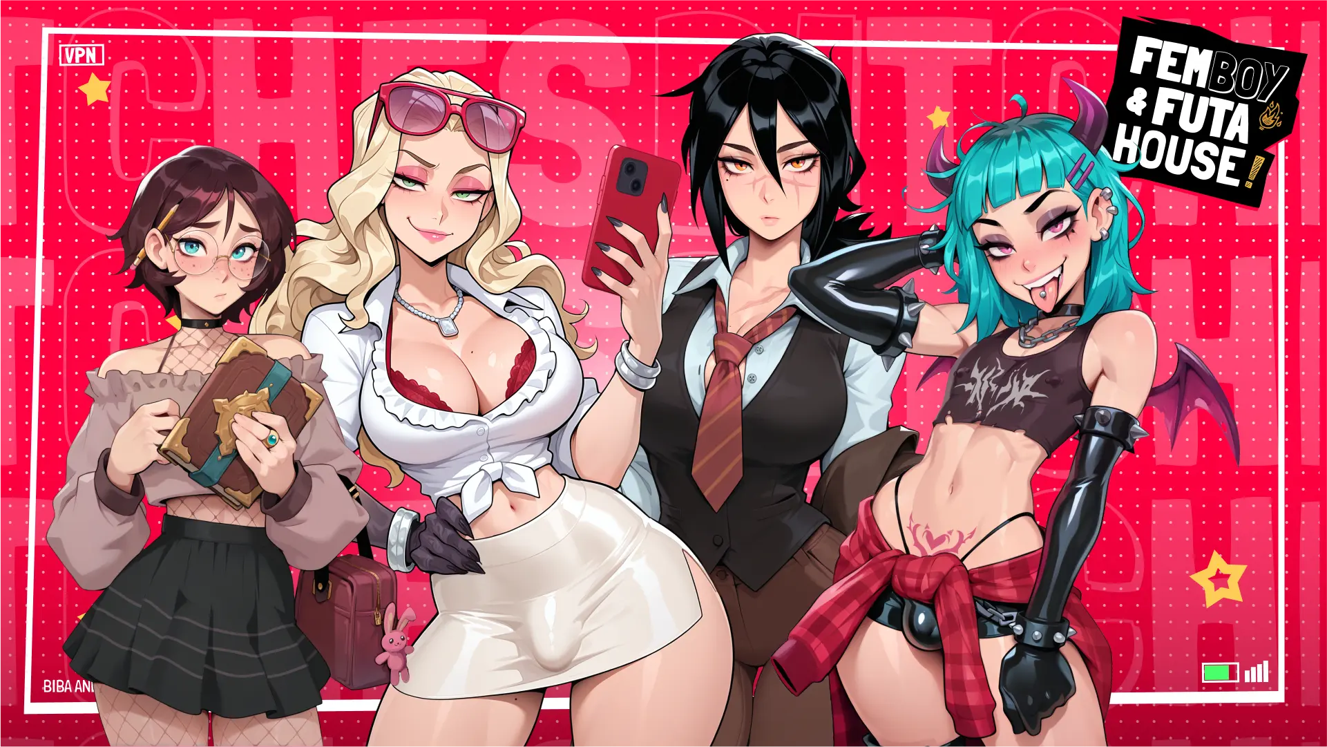 FEMBOY FUTA HOUSE 主視覺圖，Morgan、Bella、Miss Jekyll/Hyde、Lucy 四位角色登場｜FEMBOY FUTA HOUSE 主视觉图，Morgan、Bella、Miss Jekyll/Hyde、Lucy 四位角色登场｜FEMBOY FUTA HOUSE メインビジュアル、Morgan・Bella・Miss Jekyll/Hyde・Lucy が登場