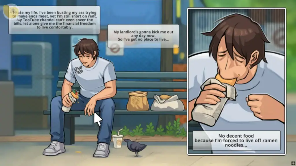 男主落魄坐在戶外長椅吃垃圾食物的落魄場景，呈現《Girls, I just want to get paid!》初期劇情｜男主落魄坐在户外长椅吃垃圾食物的落魄场景，呈现《Girls, I just want to get paid!》初期剧情｜主人公がベンチでジャンクフードを食べながら落ち込む《Girls, I just want to get paid!》序盤シーン｜Male protagonist sitting on a bench eating junk food in a down-and-out moment from “Girls, I just want to get paid!”