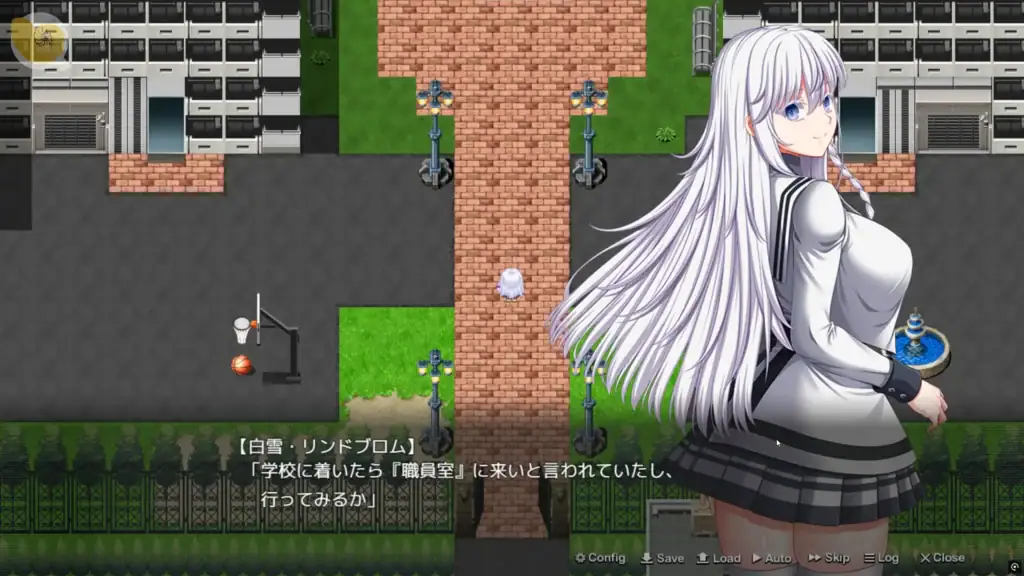 白雪在校門口完成轉學手續的遊戲畫面｜白雪在校门口完成转学手续的游戏画面｜白雪が学園の門前で転校手続きを完了するシーン｜Scene showing Shirayuki completing her transfer at the school gate
