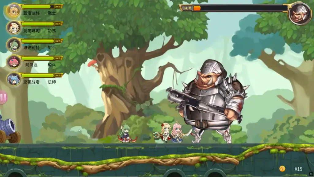 Catapult Girls 關卡戰鬥畫面，重複場景與敵人配置相似｜Catapult Girls 关卡战斗画面，重复场景与敌人配置相似｜『Catapult Girls』のステージ戦闘画面。似たような敵と背景が繰り返される。｜Catapult Girls stage battle scene showing repetitive levels and similar enemy setups.