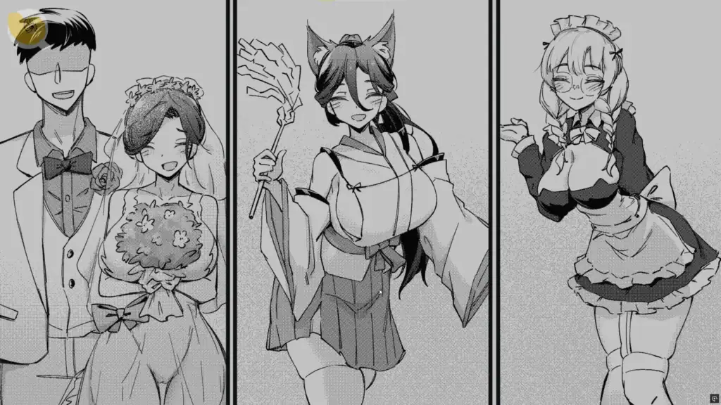 男角與兩名女角互動縮圖|男角色与两名女角色互动缩图|男性キャラと二人の女性キャラの漫画サムネ|Male Lead with Two Girls Thumbnail 漫畫分鏡縮圖,男角站在兩名女角之間,呈現角色互動與情感張力|漫画分镜缩图,男角色站在两名女角色之间,呈现角色互动与情感张力|男性キャラが二人の女性キャラに挟まれる漫画コマのサムネで、関係性の緊張感を表現|Manga-style thumbnail showing a male character between two female characters, highlighting interaction and tension.