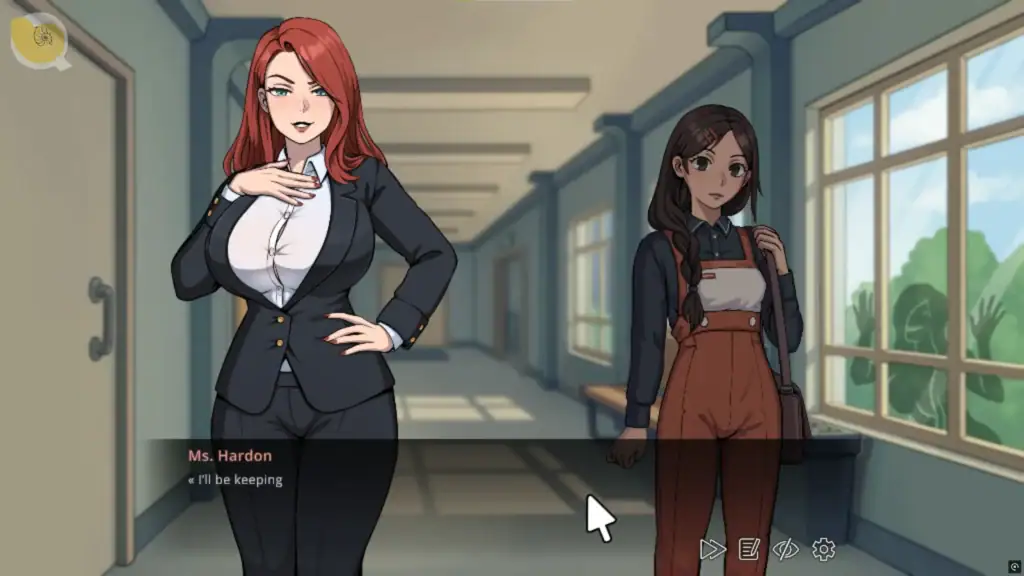 兩位女角在校園走廊的視覺小說對話場景，《Girls, I just want to get paid!》日常互動畫面｜两位女角在校园走廊的视觉小说对话场景，《Girls, I just want to get paid!》日常互动画面｜廊下で2人の女性キャラが会話する《Girls, I just want to get paid!》のビジュアルノベル風シーン｜Visual novel-style scene of two female characters talking in a school hallway from “Girls, I just want to get paid!”