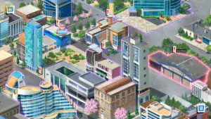 《Hey Stranger! I Dare You to Love Me!》城市地圖俯視場景，可自由探索各區域｜《Hey Stranger! I Dare You to Love Me!》城市地图俯视场景，可自由探索各区域｜『Hey Stranger! I Dare You to Love Me!』街全体を俯瞰した探索マップ｜Top-down city map view from “Hey Stranger! I Dare You to Love Me!” showing explorable locations