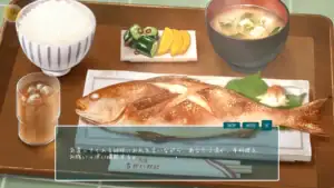 主角享用烤魚定食，桌上有米飯、味噌湯與烤魚｜主角享用烤鱼定食，桌上有米饭、味增汤与烤鱼｜主人公が焼き魚の定食を食べるシーン。ご飯と味噌汁が並んでいる｜Scene of the protagonist eating a grilled-fish meal with rice and miso soup