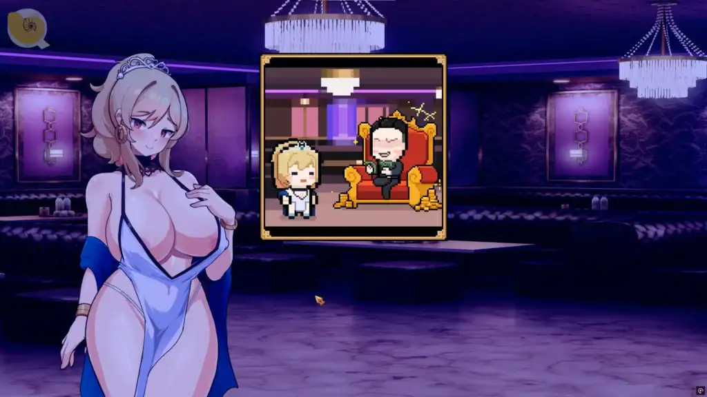 雙面夜孃 債主事件畫面，金髮女角在夜店場景面對收債任務｜双面夜娘 债主事件画面，金发女角在夜店场景面对收债任务｜『双面ナイトメイド』の債権者イベント。金髪ヒロインが借金回収に直面。｜Dual-Faced Night Girl debt collection event with blonde heroine in club scene.