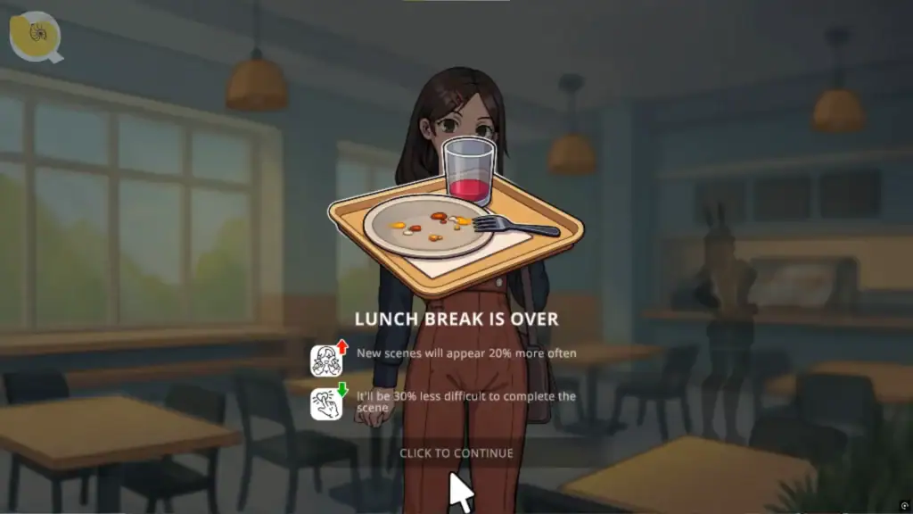 女角在餐廳吃飯休息，餐盤上顯示獲得能力的提示，《Girls, I just want to get paid!》午休系統｜女角在餐厅吃饭休息，餐盘上显示获得能力提示，《Girls, I just want to get paid!》午休系统｜食堂で食事をするヒロインと、能力獲得の表示が出る《Girls, I just want to get paid!》昼休みシステム｜Female character eating lunch with ability-gain notification in “Girls, I just want to get paid!”