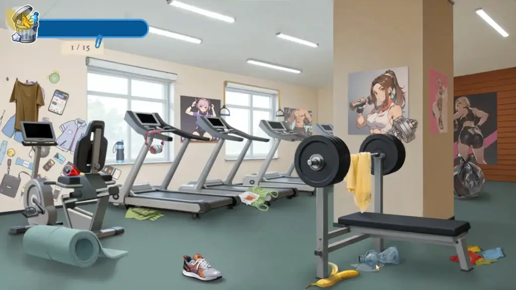Memories with You 在健身房清理垃圾的小遊戲畫面｜Memories with You 在健身房清理垃圾的小游戏画面｜『Memories with You』ジムで散らかった物を片付けるミニゲーム｜Memories with You mini-game where the player cleans up trash in a gym