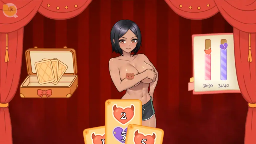 Memories with You 女角在舞台前進行卡片抽選的小遊戲畫面｜Memories with You 女角在舞台前进行卡片抽选小游戏画面｜『Memories with You』女性キャラとステージ上でカードを選ぶミニゲーム｜Memories with You card-drawing mini-game featuring a female character on stage