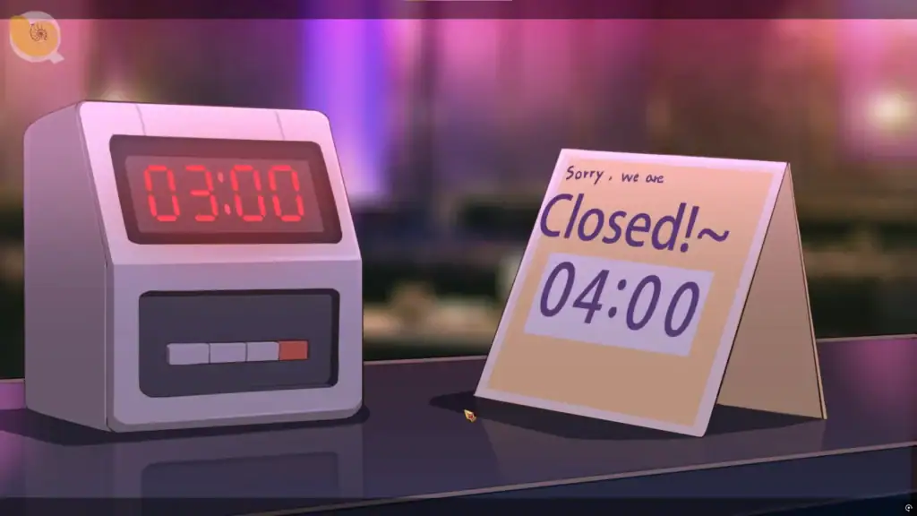 雙面夜孃 收工時間畫面，桌上顯示凌晨四點與打烊標示牌｜双面夜娘 收工时间画面，桌上显示凌晨四点与打烊标示牌｜『双面ナイトメイド』の終了シーン。テーブルの上に「Closed 04:00」の札が置かれている。｜Dual-Faced Night Girl closing time scene showing a digital clock reading 4:00 AM and a “Closed” sign on the table.
