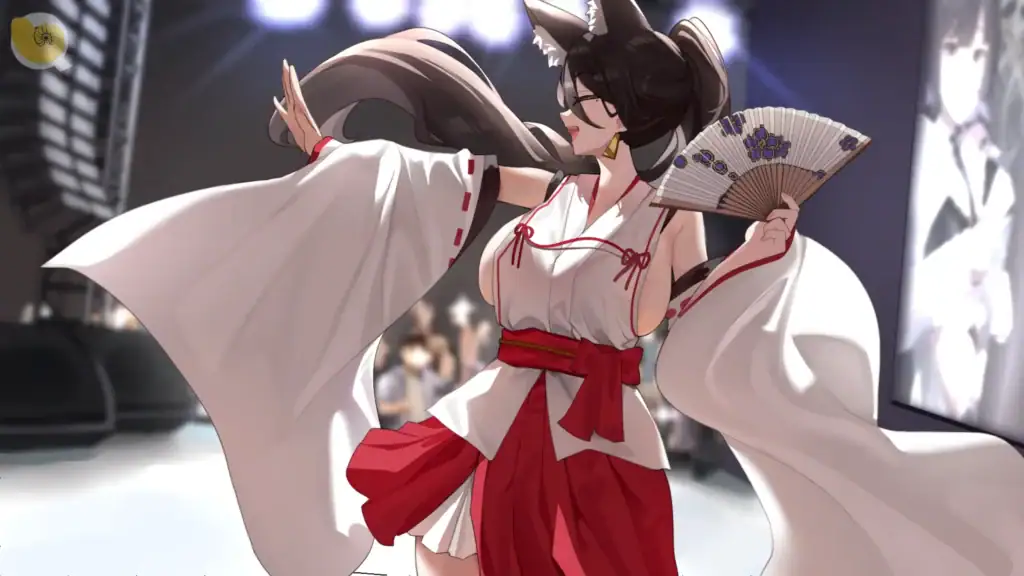 舞台巫女服演出縮圖|舞台巫女服演出缩图|巫女ステージパフォーマンス|Shrine Maiden Stage Performance 女角穿著巫女風格服裝在舞台燈光下跳舞,雙手張開呈現自信與表演姿態|女角色穿着巫女风格服装在舞台灯光下跳舞,双手张开呈现自信姿态|巫女風衣装の女性キャラがステージのライトを浴びて両手を広げて踊っている|Female character in shrine-maiden style outfit performing on stage with arms spread confidently under bright lights.