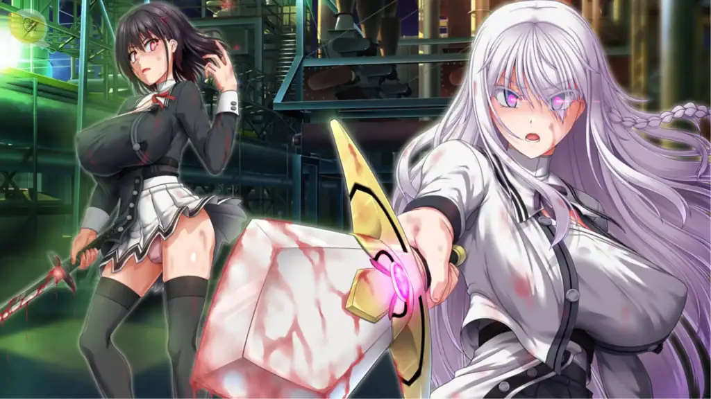 《終末のオルターエゴイズムDLC》白髮女主手持巨型武器戰鬥畫面，黑髮女角於工業設施場景待命｜《终末的Alter Egoism DLC》白发女主手持巨型武器战斗画面，黑发女角于工业设施场景待命｜『終末のオルターエゴイズムDLC』白髪ヒロインが巨大武器を構える戦闘ビジュアル、黒髪ヒロインが工業施設で待機するシーン｜End of Alter Egoism DLC white-haired heroine holding a giant weapon in an industrial battle scene with black-haired heroine