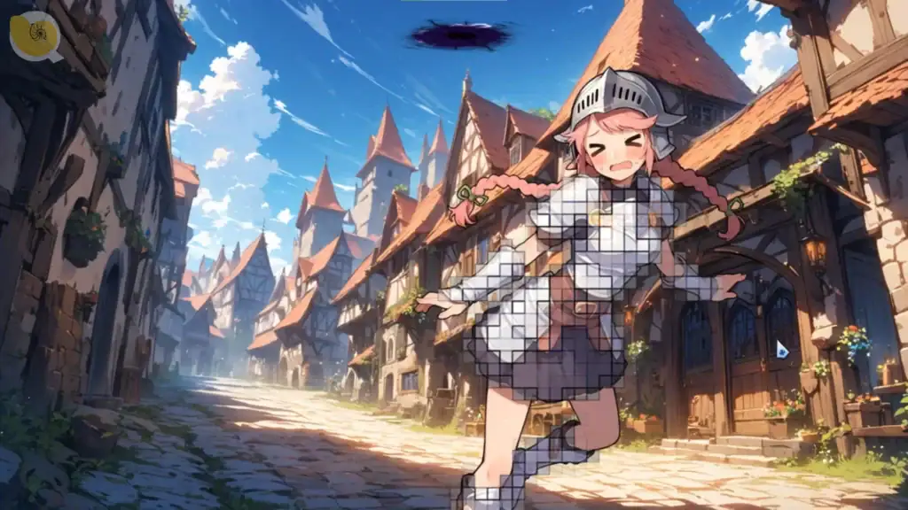 美女都被馬賽克籠罩住|美女都被马赛克笼罩住|美女がモザイクに覆われた|Girl Covered by Mosaic Blocks 街道場景中的女角被馬賽克覆蓋住身體,頭上浮著奇異黑洞,背景為奇幻城鎮街景|街道场景中的女角被马赛克覆盖,头顶有黑洞,背景是奇幻城镇街景|街道の中央で女キャラがモザイクに覆われ、頭上に黒い渦が浮かぶファンタジー風の街並み|Female character in a fantasy street scene, body covered by mosaic blocks, with a dark vortex above her.