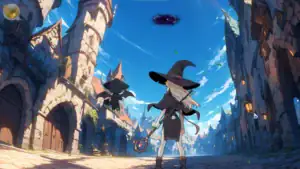 魔女造型的女角站在奇幻城鎮街道上，舉著魔杖，頭上有黑色漩渦漂浮｜魔女造型的女角站在奇幻城镇街道上，举着魔杖，头顶黑色漩涡漂浮｜魔女風の女キャラが杖を持ち、街道に立ち、頭上に黒い渦が浮かんでいる｜Witch-styled female character holding a wand standing in a fantasy street with a dark vortex above.