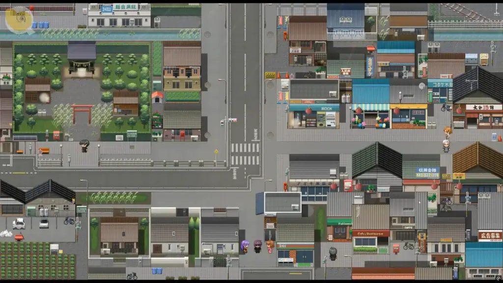 俯視視角的商店街地圖畫面，可前往商店街、神社與中古道具店進行行動｜俯视视角的商店街地图画面，可前往商店街、神社与中古道具店进行行动｜商店街や神社、中古ショップを移動できる俯瞰マップ画面｜Top-down town map showing access to shopping street, shrine, and second-hand shop