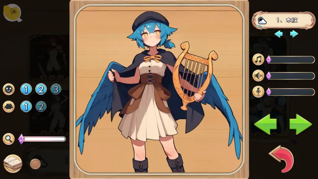 角色展示|角色展示|キャラ展示|Character Display 鳥翼造型的女角站立展示 CG,手持豎琴,右側為介面選單|鸟翼造型的女角站立展示 CG,手持竖琴,右侧是界面选单|翼のある女キャラが竪琴を持つ立ち絵展示CG、右側にUI|Character display CG showing a winged female character holding a harp with UI on the right.