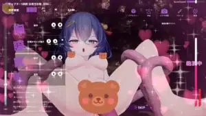 托艾哈在室內場景中呈現基本姿勢的教育互動畫面，周圍出現心形特效與數值介面｜托艾哈在室内场景中呈现基本姿势的教育互动界面，并伴随心形特效与数值显示｜室内ステージでトエハが基本姿勢のまま教育インターフェースに囲まれている画面｜Toeha shown in a standard training pose with UI stats and heart effects in an indoor stage