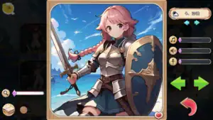 粉髮的女角身穿鎧甲、手持劍盾站在藍天背景前的展示 CG｜粉发女角穿着铠甲，手持剑盾站在蓝天前的展示 CG｜ピンク髪の女騎士が剣と盾を構える展示CG｜Display CG of a pink-haired female knight holding a sword and shield under a blue sky.