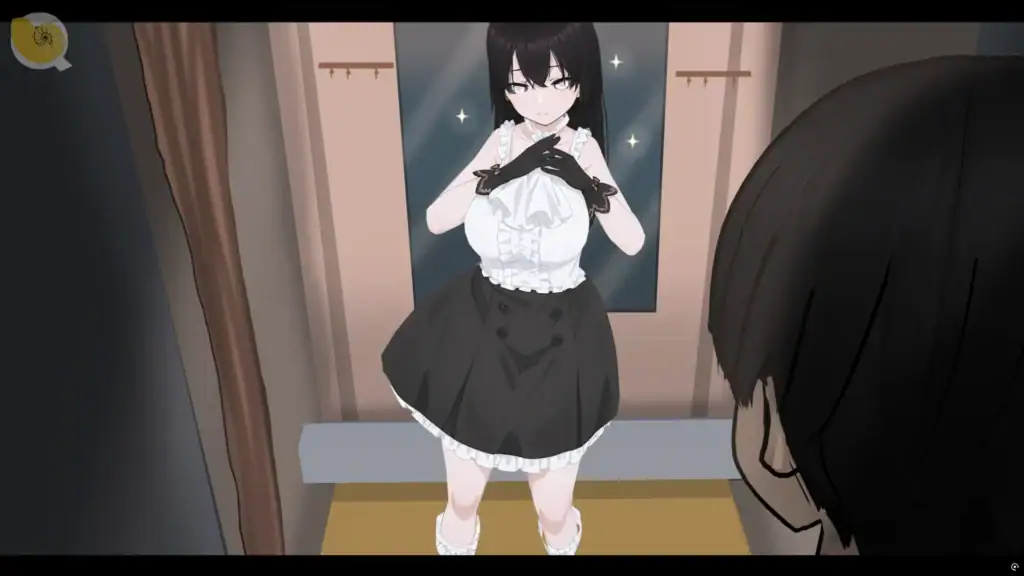 女幽靈在室內以輕鬆可愛姿態與主角互動的日常劇情畫面｜女幽灵在室内以轻松可爱姿态与主角互动的日常剧情画面｜室内で可愛らしい雰囲気を見せる女幽霊の日常シーン｜A casual daily-life scene showing the ghost acting cute indoors