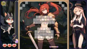 三位女角與遊戲界面組成的 Steam 影片預覽圖，包含左側小貓角色、中間紅髮女角的拼圖消除畫面、右側魔女造型女生｜三位女角与游戏界面组成的 Steam 影片预览图，包含左侧小猫角色、中间红发女角的拼图消除画面、右侧魔女造型女生｜Steam動画プレビュー用の画像で、左に小猫キャラ、中央に赤髪の女キャラのパズル消し画面、右に魔女風の女キャラが表示されている｜Steam preview image showing a small cat character on the left, a red-haired female character in a puzzle-removal screen at the center, and a witch-style female character on the right.