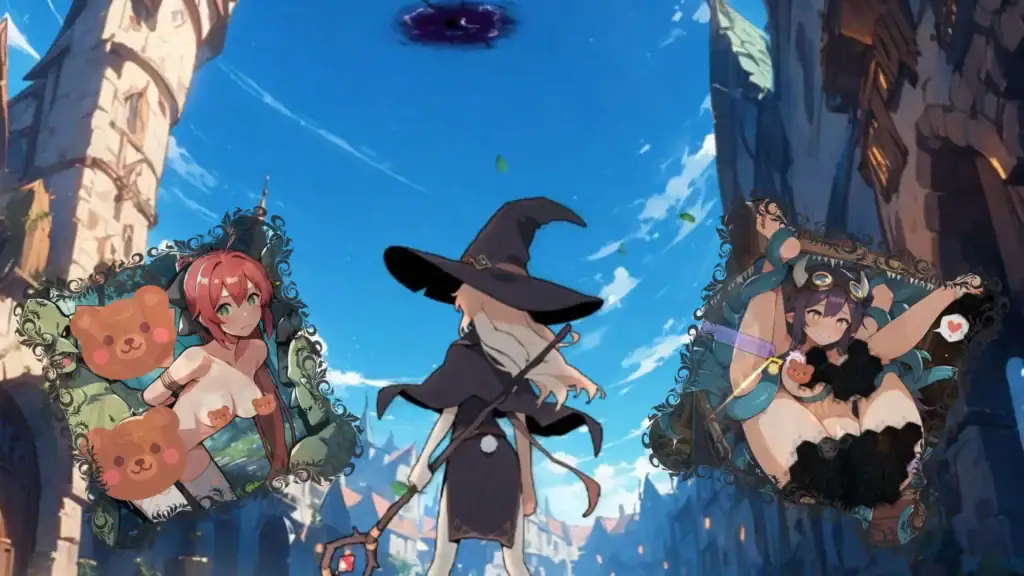 魔女站在城鎮街道中央仰望天空的黑色漩渦，左右各展示兩位女角的插畫框架｜魔女站在城镇街道中央仰望天空漩涡，左右展示两位女角的插画框｜町の通りに立つ魔女が空の渦を見上げ、左右に二人の女キャラのイラスト枠が配置されている｜A witch standing in a town street looking up at a sky vortex, with framed illustrations of two female characters on both sides.