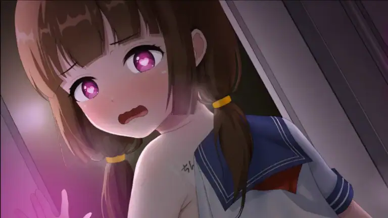 女學生在昏暗電車場景中回頭，呈現受驚的表情，帶有作品標題的主視覺構圖｜ 女学生在昏暗电车场景中回头，露出受惊的神情，并带有作品标题的主视觉构图｜ 薄暗い車内で女子学生が振り返り、不安げな表情を見せる作品のメインビジュアル構図｜ Main visual showing a schoolgirl turning back with a startled expression in a dim train setting, featuring the game title