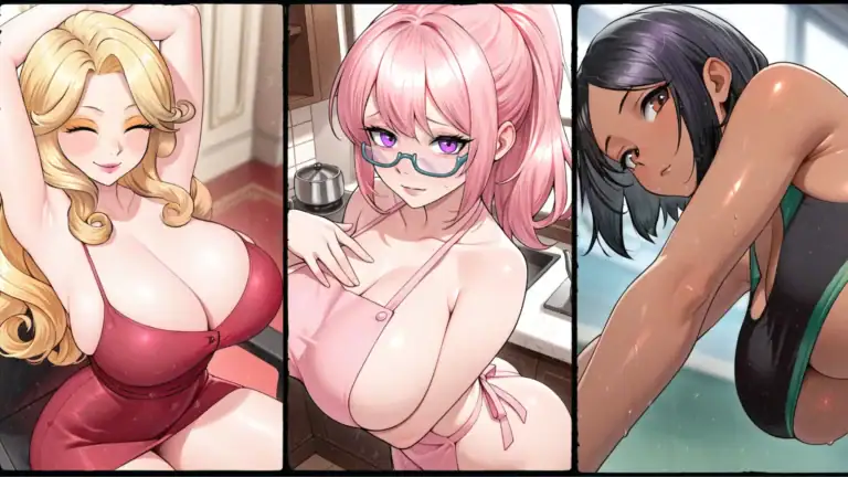 Memories with You 三位女角精選圖：金髮紅裙、粉髮圍裙、黑髮泳裝｜Memories with You 三位女角精选图：金发红裙、粉发围裙、黑发泳装｜『Memories with You』金髪ドレス・ピンク髪エプロン・黒髪水着の女性キャラ3枚構成のビジュアル｜Memories with You featured image showing three female characters: blonde in red dress, pink-haired in apron, and dark-haired in swimsuit