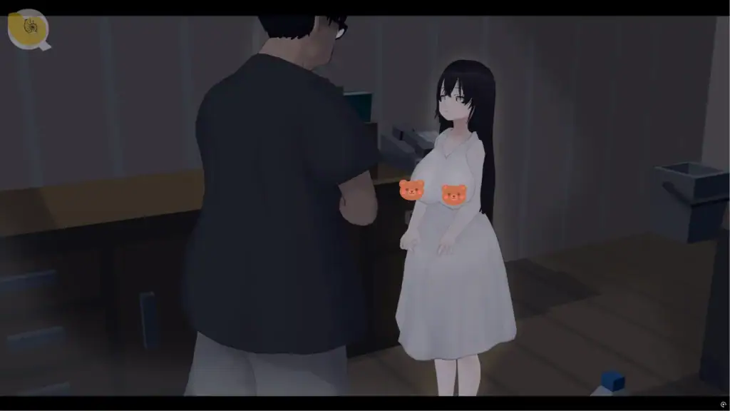 室內場景中男性角色與白衣女幽靈面對面站立的第一人稱視角畫面，距離近帶有壓迫感｜室内场景中男性角色与白衣女幽灵面对面站立的第一人称视角画面，距离近带有压迫感｜室内で白い服の女幽霊と向き合う一人称視点のシーン｜First-person view of a man standing face to face with a female ghost in a white dress indoors