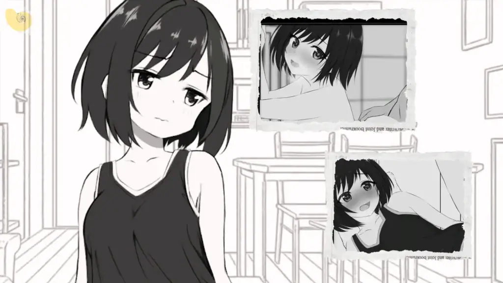 秘密のシェアハウスせいかつ‼ 精選主視覺圖，夏目みなみ於共居住宅室內露出害羞神情，背景拼貼多個日常互動畫面｜秘密的合租屋生活‼ 精选主视觉图，夏目みなみ在合租住宅室内露出害羞表情，背景拼贴多个日常互动画面｜秘密のシェアハウスせいかつ‼ 精選メインビジュアル、夏目みなみがシェアハウス室内で照れた表情を見せ、日常シーンが背景に配置されている｜Secret Share House Life!! featured main visual showing Minami Natsume indoors with a shy expression and daily interaction scenes in the background