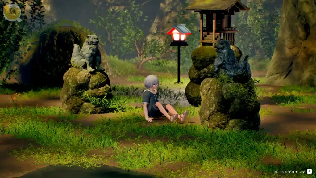 なつのうしろで男主在神社附近草地醒來與石像場景｜なつのうしろで男主在神社附近草地醒来与石像场景｜『なつのうしろで』神社付近の草地で目覚める主人公と石像｜Natsu no Ushiro de protagonist waking near shrine statues in grassy area