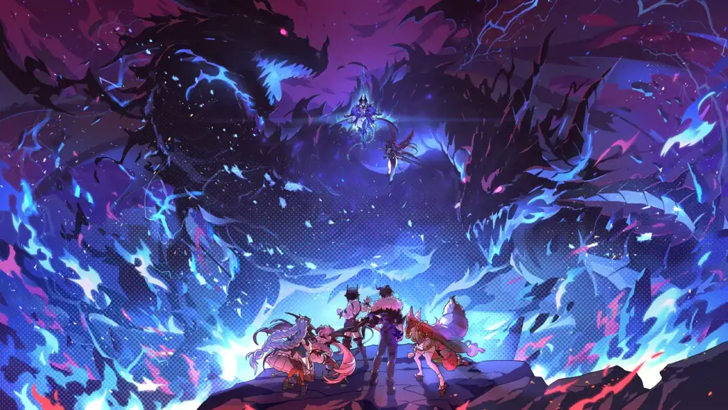 最終魔王是岳母 Steam官方影片介紹畫面|最终魔王是岳母 Steam官方影片介绍画面|最終魔王は義母 Steam公式映像紹介ビジュアル|Married Into Hell Steam Official Video Showcase Visual 最終魔王是岳母Steam官方影片介紹畫面,主角一行人面對巨大黑色魔物與藍色能量爆發場景|最终魔王是岳母Steam官方影片介绍画面,主角一行人面对巨大黑色魔物与蓝色能量爆发场景|最終魔王は義母 Steam公式映像紹介シーン、主人公たちが巨大な黒い魔物と青いエネルギーに包まれる場面|Married Into Hell Steam official video showcase scene with the party facing massive shadow monsters and blue energy eruption