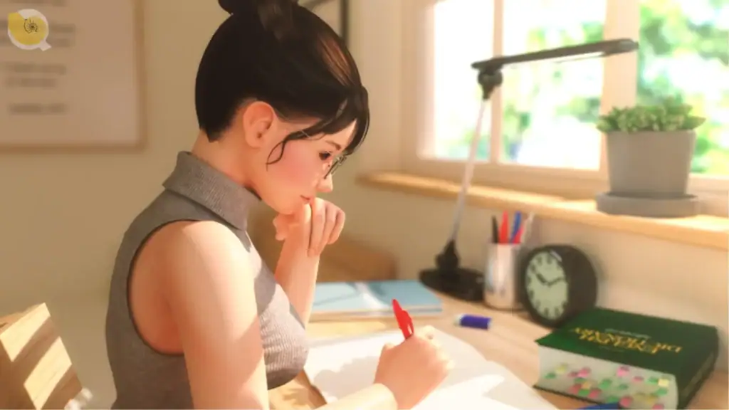 眼鏡女老師的獎勵日記動畫場景・眼鏡女教師坐在學生旁邊陪伴寫作業的教室日常畫面｜眼镜女老师的奖励日记动画场景・眼镜女教师坐在学生旁边陪伴写作业的教室日常画面｜メガネ女教師のご褒美日記 アニメシーン・生徒の隣で宿題を見守る女教師の教室シーン｜Glasses Female Teacher Reward Diary anime scene showing a glasses teacher sitting beside a student during homework time