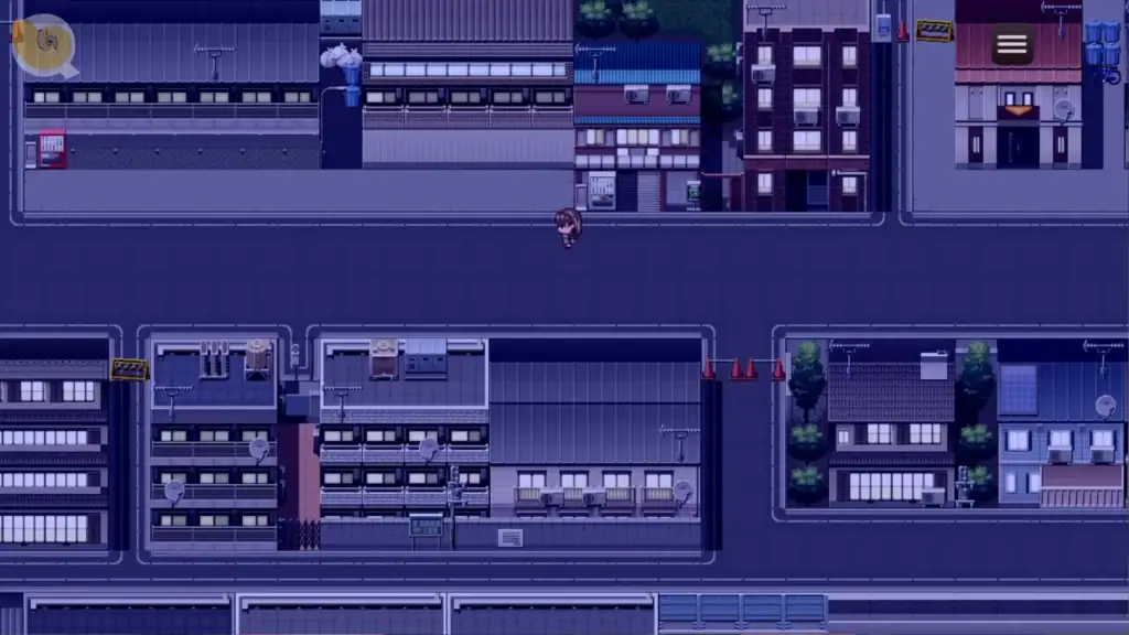 夜行遊戲像素城市地圖探索畫面，角色在夜晚街區移動探索的俯視角場景｜夜行游戏像素城市地图探索画面，角色在夜晚街区移动探索的俯视角场景｜夜行 ゲームのドット絵マップ探索シーン、夜の街を歩く俯瞰視点｜Night Walk pixel city map exploration scene showing a character walking through a nighttime town